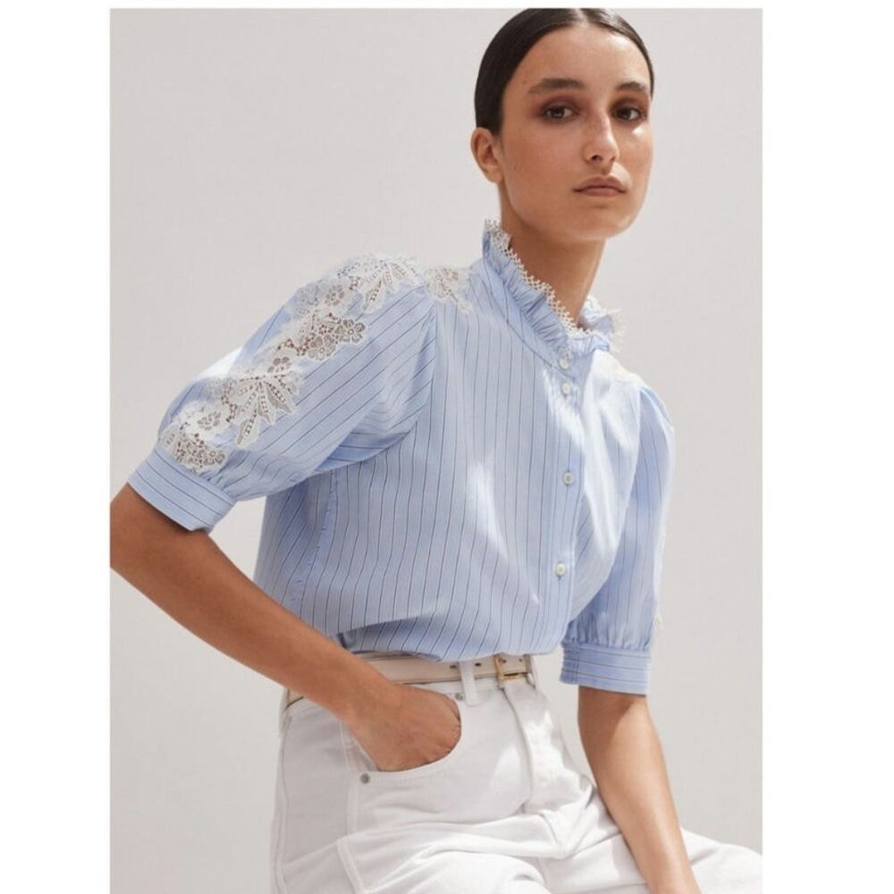 ME + EM Striped Lace- Trim Cotton Ladies Poplin Blouse US 10